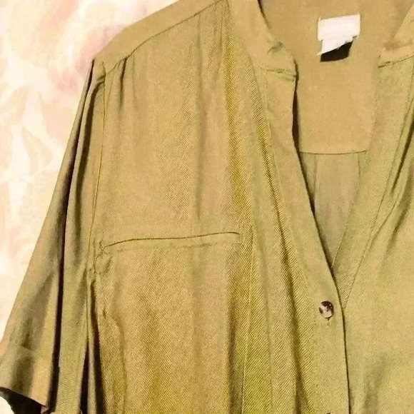 Chicos Safari Inspired Camp Shirt Olive Green 100% Viscose SZ 3 - Picture 8 of 13